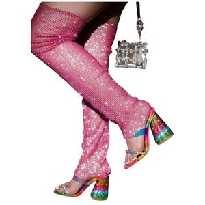 Cape Robbin Beatrizia Rainbow Rhinestone Block Heels Pink Mesh Leggings Set 8.5